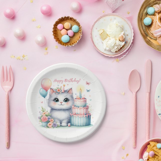 Plato De Papel Pastel de cumpleaños de Pastel Kitten - Cumpleaños (Subido por el creador)