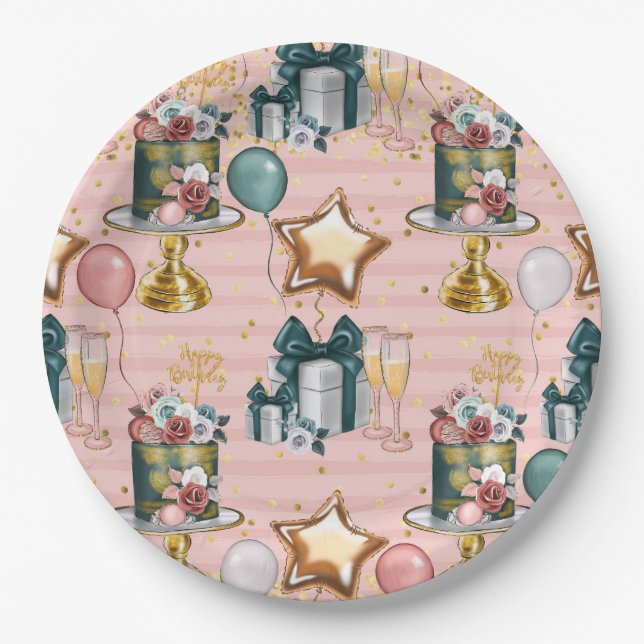 Plato De Papel Pastel de cumpleaños feliz (Anverso)