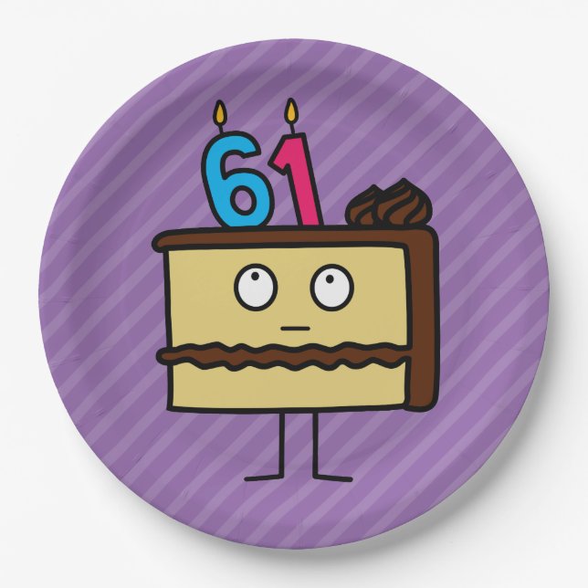 Plato De Papel Pastel de cumpleaños número 61 con velas (Anverso)