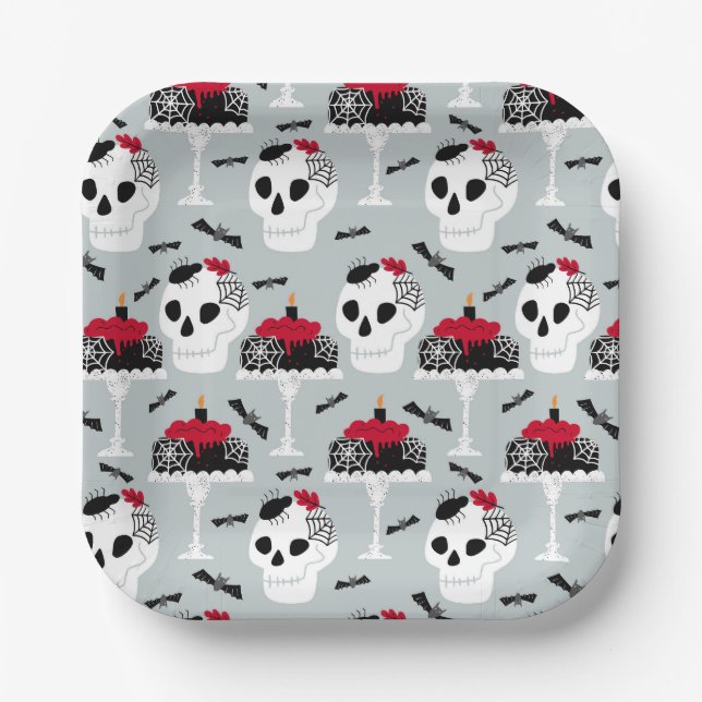 Plato De Papel Pastel de Fiesta de Skeleton gótico batiendo araña (Anverso)