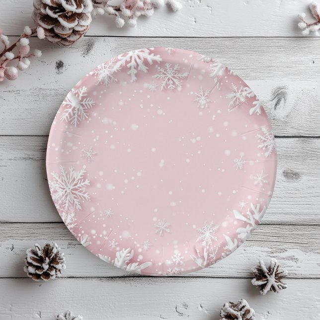 Plato De Papel Pastel de invierno rosa Wonderland Snowflake (Subido por el creador)