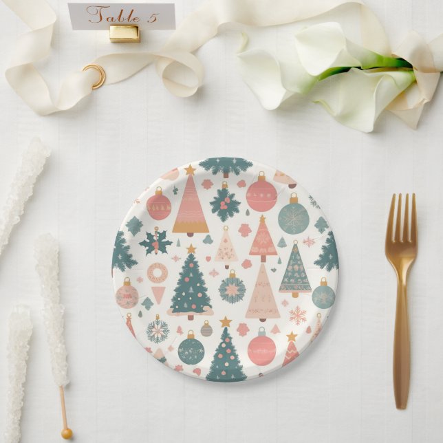 Plato De Papel Pastel de Ornamentos de Árbol de Navidad (Boda)