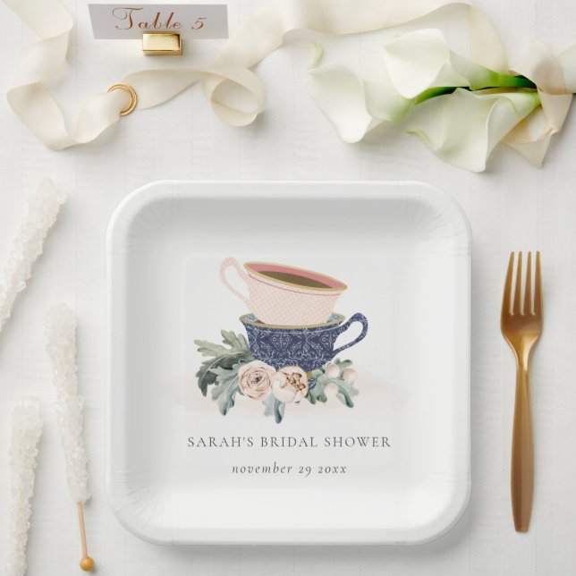 Plato De Papel Pastel de tazas apiladas Floral Bridal Ducha Té Fi (Boda)