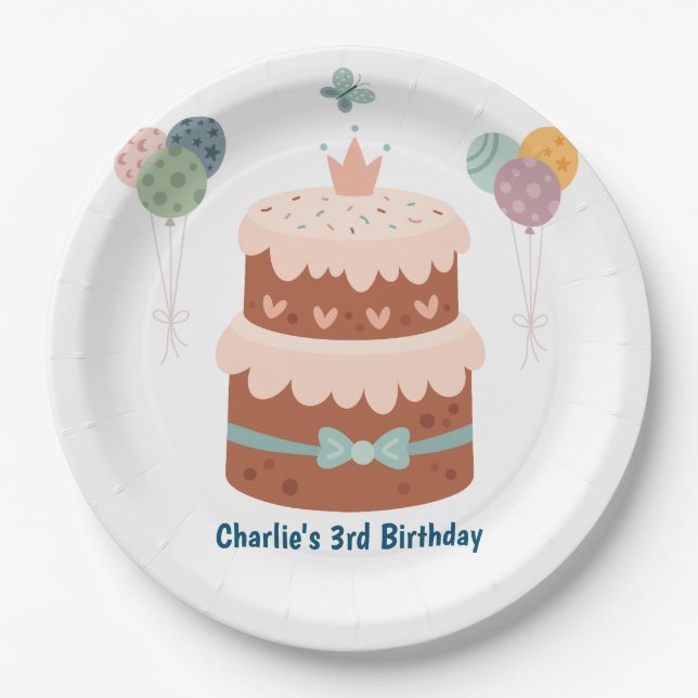 Plato De Papel Pastel de torta de cumpleaños con globos (Anverso)