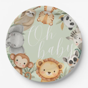 Plato De Papel Pastel Ducha tropical para bebés Selva Safari Anim