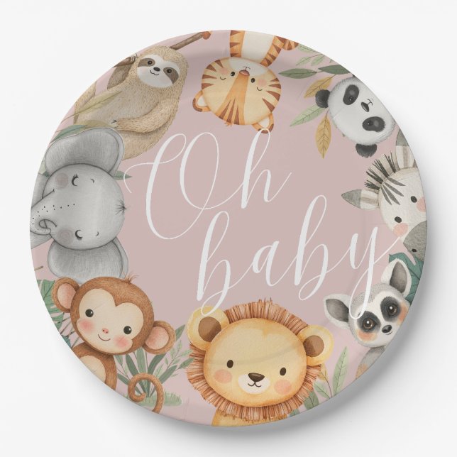 Plato De Papel Pastel Ducha tropical para bebés Selva Safari Anim (Anverso)