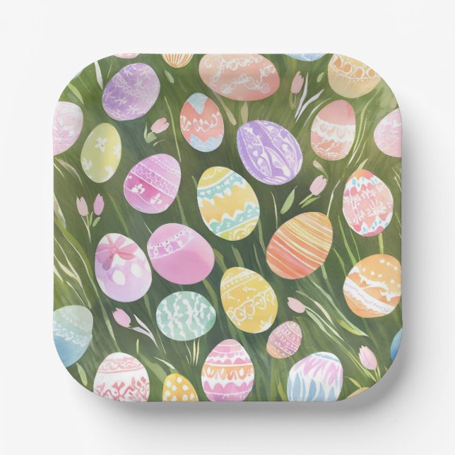 Plato De Papel Pastel Easter Eggs | Beautiful Spring Watercolor (Anverso)