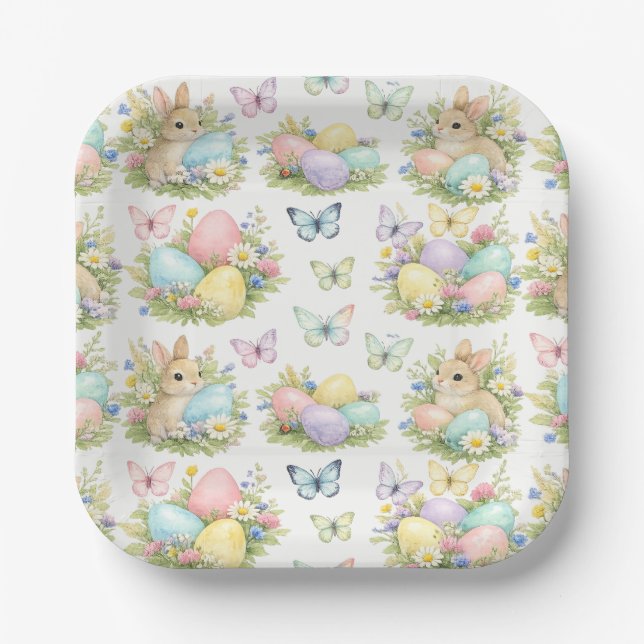 Plato De Papel Pastel Easter Eggs & Bunnies Flowers & Butterflies (Anverso)