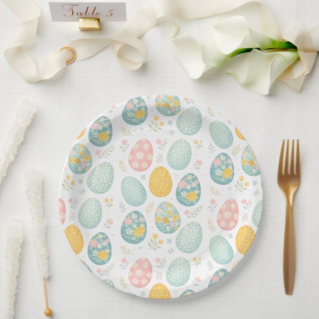 Plato De Papel Pastel Easter Eggs Floral Pattern - Cute Spring  (Boda)