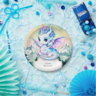 Plato De Papel Pastel Encantado Dragón Cumpleaños