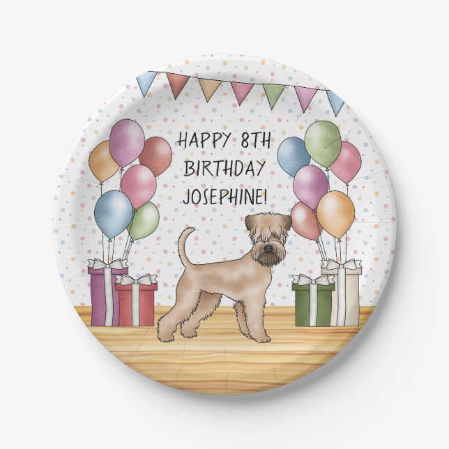 Plato De Papel Pastel Feliz Cumpleaños Soft-Coated Wheaten Terrie (Anverso)