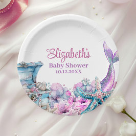 Plato De Papel Pastel Floral Mermaid Tail Baby Shower