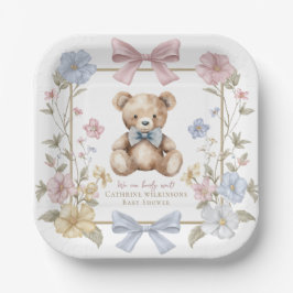 Plato De Papel Pastel Floral Teddy Bear Baby Shower Plates