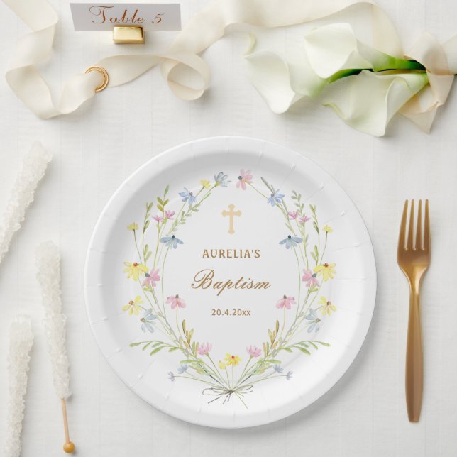 Plato De Papel Pastel Flores Silvestres Bautismo (Boda)