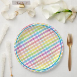 Plato De Papel Pastel Gingham Rainbow Baby Shower Blue