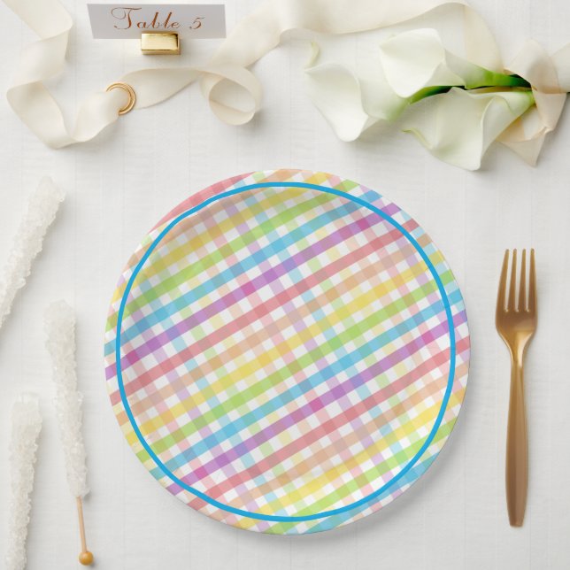 Plato De Papel Pastel Gingham Rainbow Baby Shower Blue (Boda)