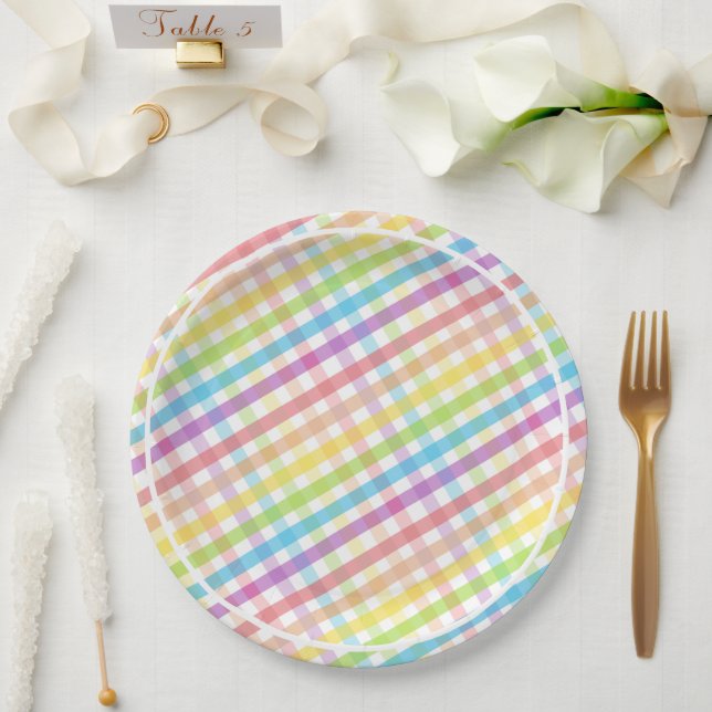 Plato De Papel Pastel Gingham Rainbow Baby Shower White (Boda)