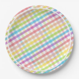 Plato De Papel Pastel Gingham Rainbow Baby Shower White