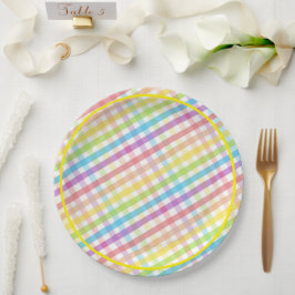 Plato De Papel Pastel Gingham Rainbow Baby Shower Yellow