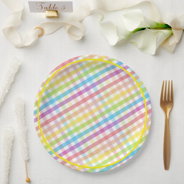 Plato De Papel Pastel Gingham Rainbow Baby Shower Yellow (Boda)