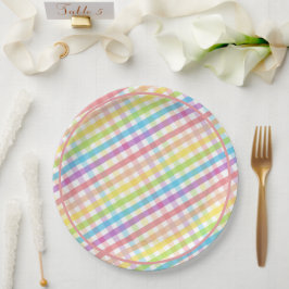 Plato De Papel Pastel Gingham Rainbow Pink Baby Shower