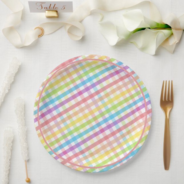 Plato De Papel Pastel Gingham Rainbow Pink Baby Shower (Boda)
