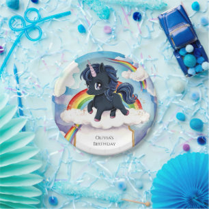 Plato De Papel Pastel Kids Black Unicorn Cumpleaños