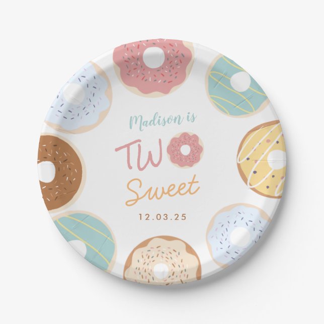 Plato De Papel Pastel Moderno Cute Donut Dos Dulces Cumpleaños (Anverso)