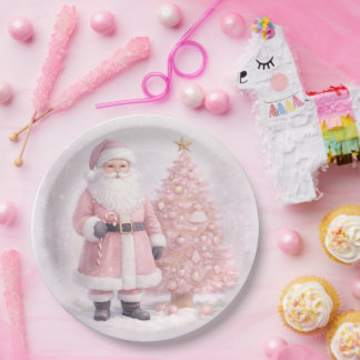 Plato De Papel Pastel Pink Christmas Santa 