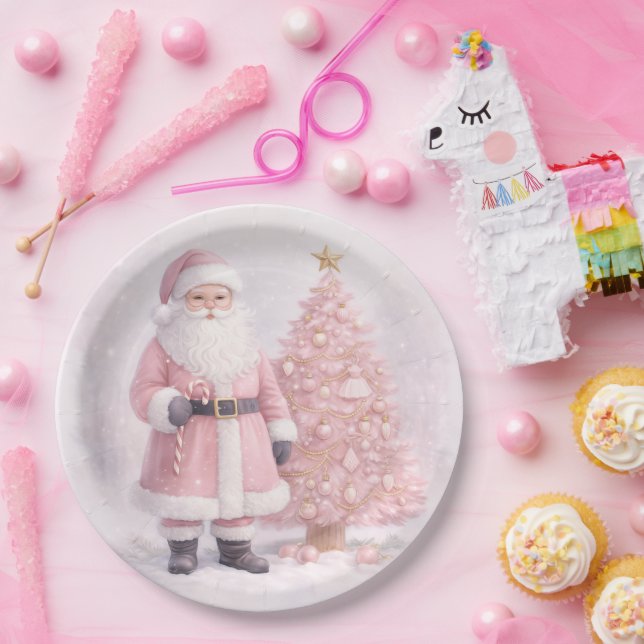Plato De Papel Pastel Pink Christmas Santa  (Fiesta)