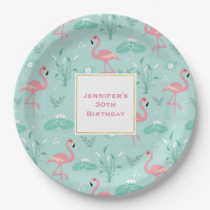 Plato De Papel Pastel Pink Flamingos Green Pattern Cumpleaños
