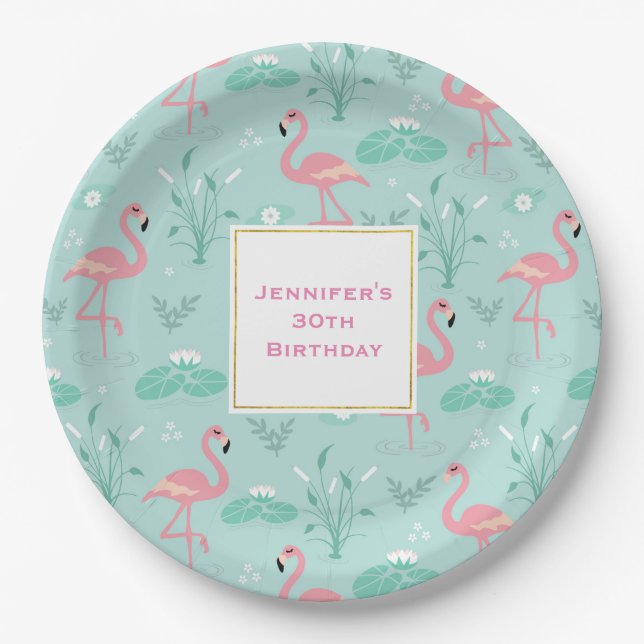 Plato De Papel Pastel Pink Flamingos Green Pattern Cumpleaños (Anverso)