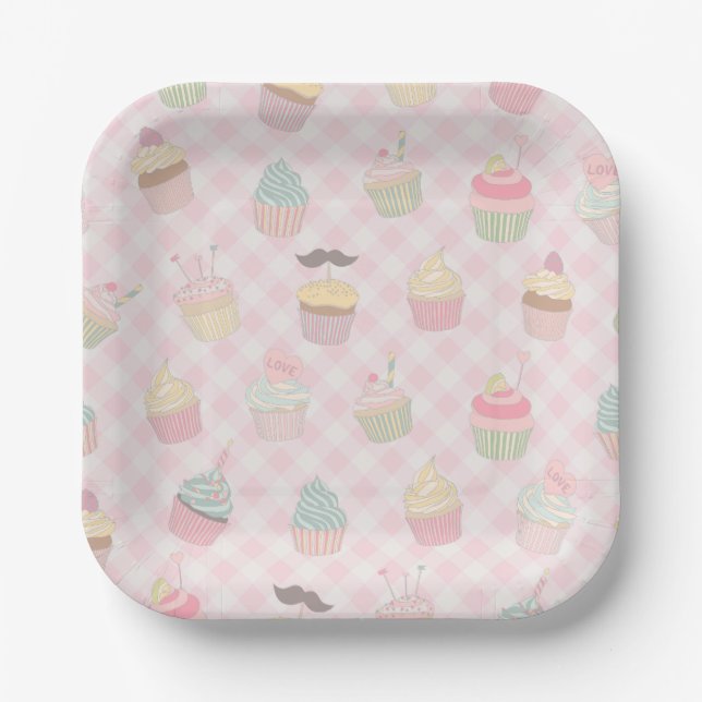 Plato De Papel Pastel Pink Gingham Cute Cupcakes Pattern (Anverso)