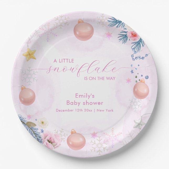Plato De Papel Pastel Pink Winter Snowflake Floral Baby Shower  (Anverso)