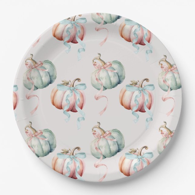 Plato De Papel Pastel Pumpkin and Bow Gender Reveal Charger Plate (Anverso)