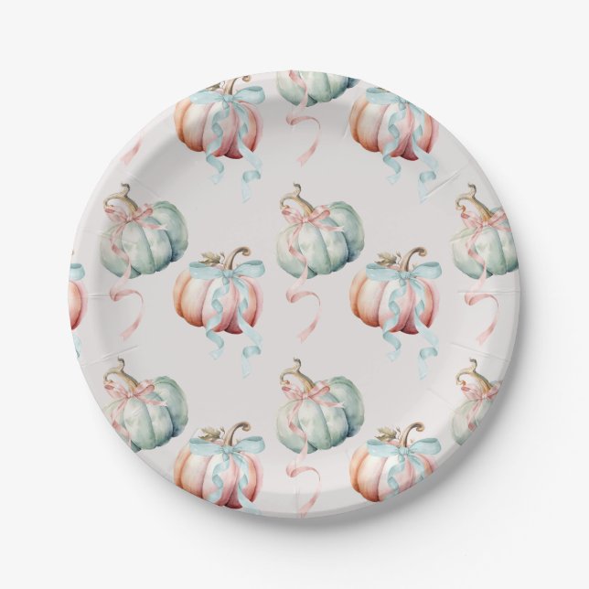 Plato De Papel Pastel Pumpkin and Bows Gender Reveal Paper Plate (Anverso)