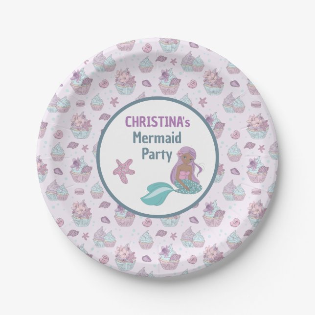Plato De Papel Pastel Purple Black Mermaid Birday Party Sea (Anverso)