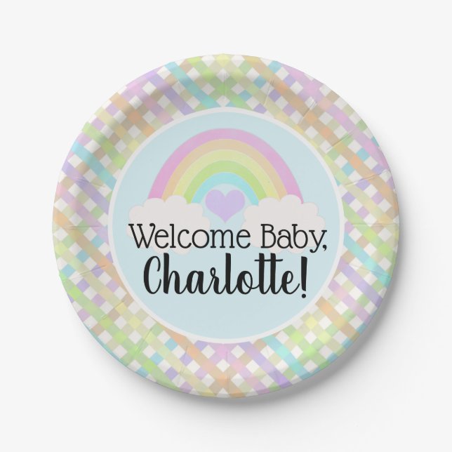 Plato De Papel Pastel Rainbow Gingham Bienvenido Baby Shower (Anverso)