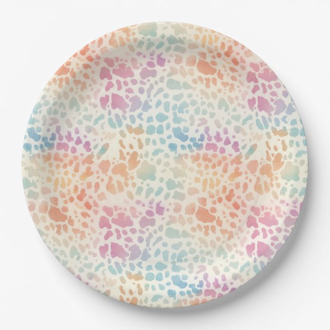 Plato De Papel Pastel Rainbow Watercolor Leopard Print (Anverso)