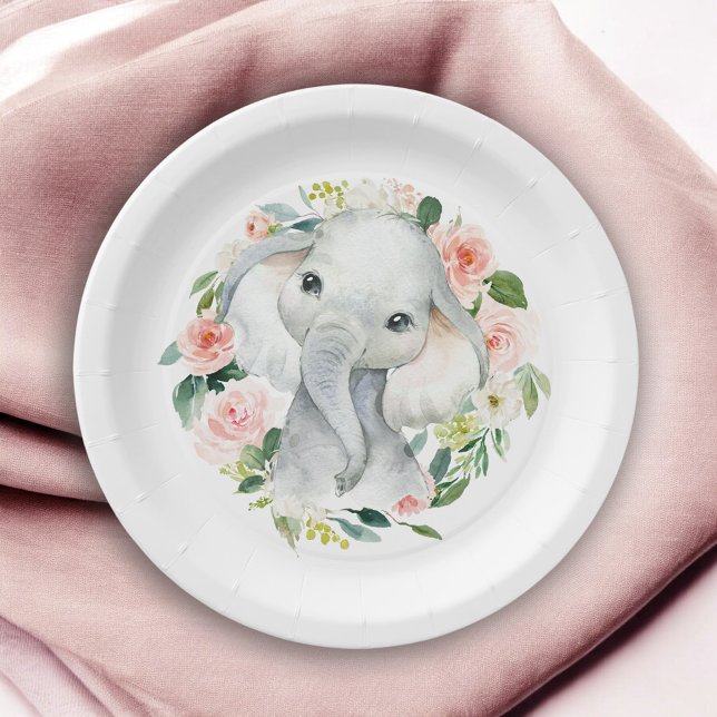 Plato De Papel Pastel Rosa Baby Elephant Floral (Subido por el creador)