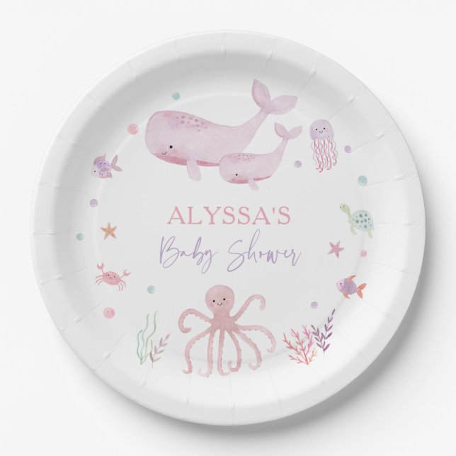 Plato De Papel Pastel rosa bajo el mar Baby Shower (Anverso)