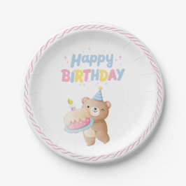 Plato De Papel Pastel rosa de Teddy Bear feliz Fiesta de cumpleañ