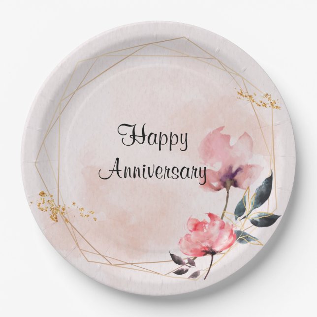 Plato De Papel Pastel Rosa feliz aniversario (Anverso)