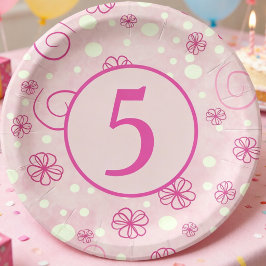 Plato De Papel Pastel Rosa Ilustrado Flores Remolinos Niños