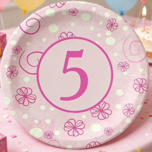 Plato De Papel Pastel Rosa Ilustrado Flores Remolinos Niños