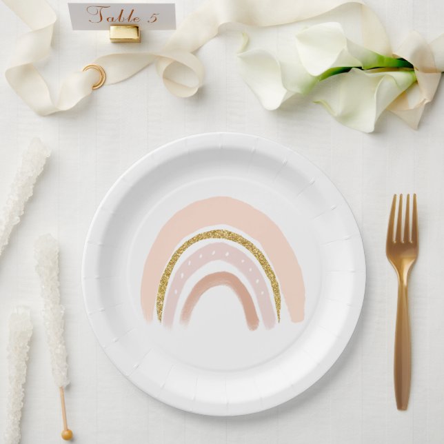 Plato De Papel Pastel rosa y falso Purpurina Rainbow Boho (Boda)