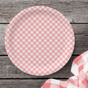 Plato De Papel Pastel Rubor Coral Gingham