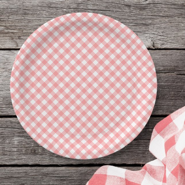 Plato De Papel Pastel Rubor Coral Gingham (Subido por el creador)