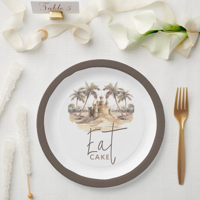 Plato De Papel Pastel Sand Elegant Beach Fiesta Tartas (Boda)
