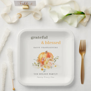 Plato De Papel Pastel Soft Watercolor Floral Calabaza de Acción d